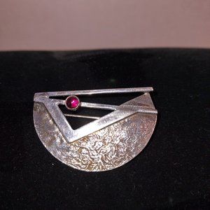 Modernist/Japanese Half Moon Handmade sterling Brooch with Garnet